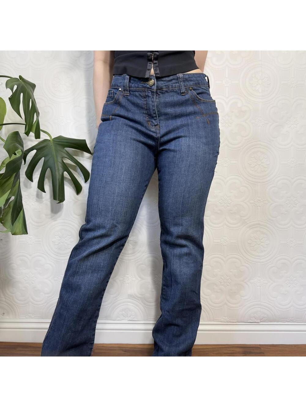 Y2K Patchwork Bootcut Dark Blue Wash Jeans Boho Western - Picture 2 of 5